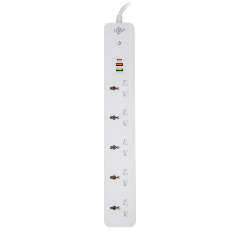 Мережевий фільтр (подовжувач) LP (5x220V-2500W, 1xUSB-38W/PD/QC3.0, 1xType-C 20W, 1xUSB 18W)