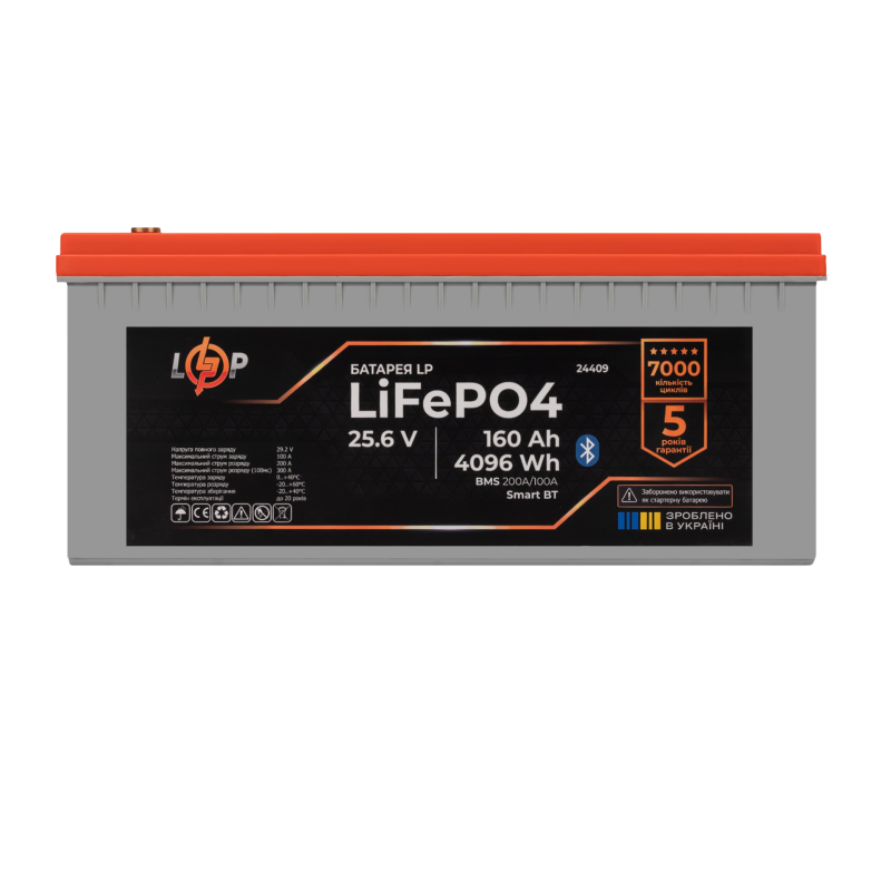 Акумулятор LP LiFePO4 25,6V - 160 Ah (4096Wh) (BMS 200A/100А) пластик LCD Smart BT