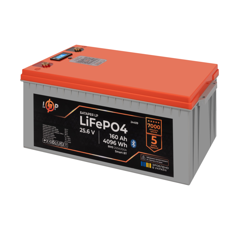 Акумулятор LP LiFePO4 25,6V - 160 Ah (4096Wh) (BMS 200A/100А) пластик LCD Smart BT