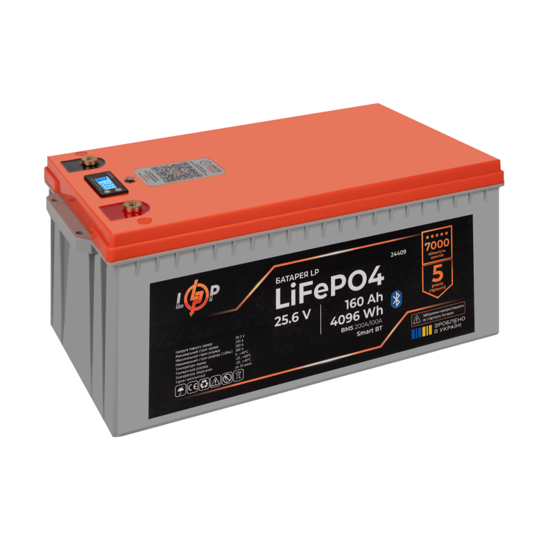 Акумулятор LP LiFePO4 25,6V - 160 Ah (4096Wh) (BMS 200A/100А) пластик LCD Smart BT