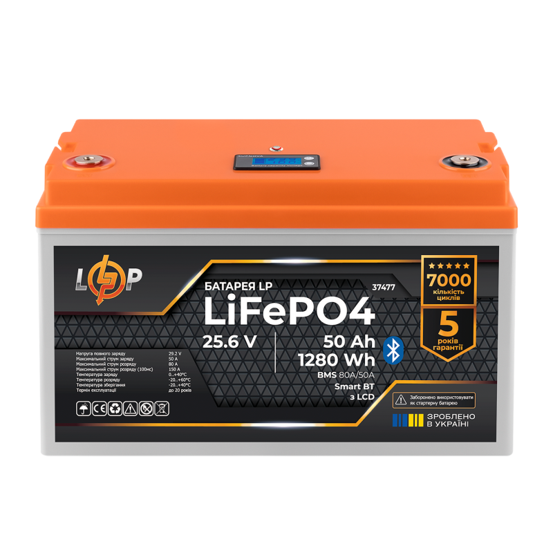 Акумулятор LP LiFePO4 25,6V - 50 Ah (1280Wh) (BMS 80A/50А) пластик LCD Smart BT