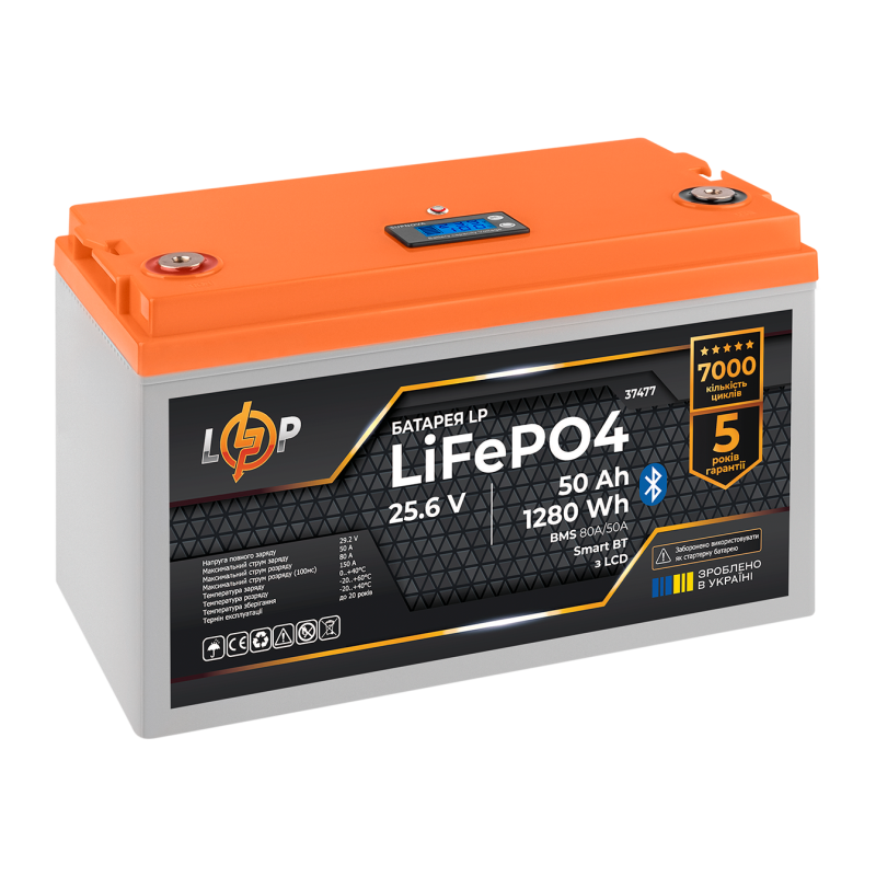 Акумулятор LP LiFePO4 25,6V - 50 Ah (1280Wh) (BMS 80A/50А) пластик LCD Smart BT